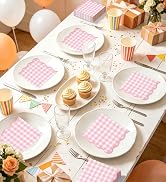 FALIZIFU 100 Pcs Light Pink Gingham Cocktail Napkins Paper 2-Ply Disposable Scalloped Pink Checke...