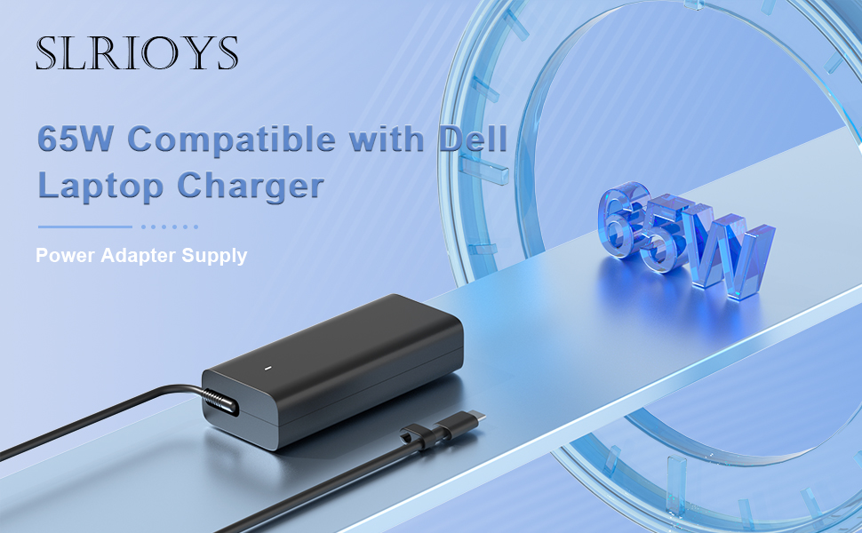 Text reads 'SLRJOYS' and '65W Compatible with Dell Laptop Charger'. Product shots of a black laptop power adapter against blue-tinted backgrounds.