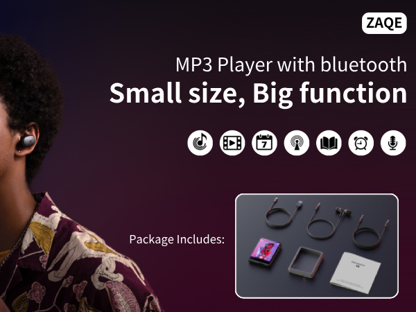 ZAOE MP3 player advertisement showing product features and package contents with small black device components displayed.
