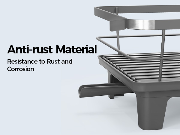 Text reads 'Anti-rust Material' and 'Resistance to Rust and Corrosion'. Close-up of stainless steel grill grates with anti-rust coating and drainage system on light blue background.