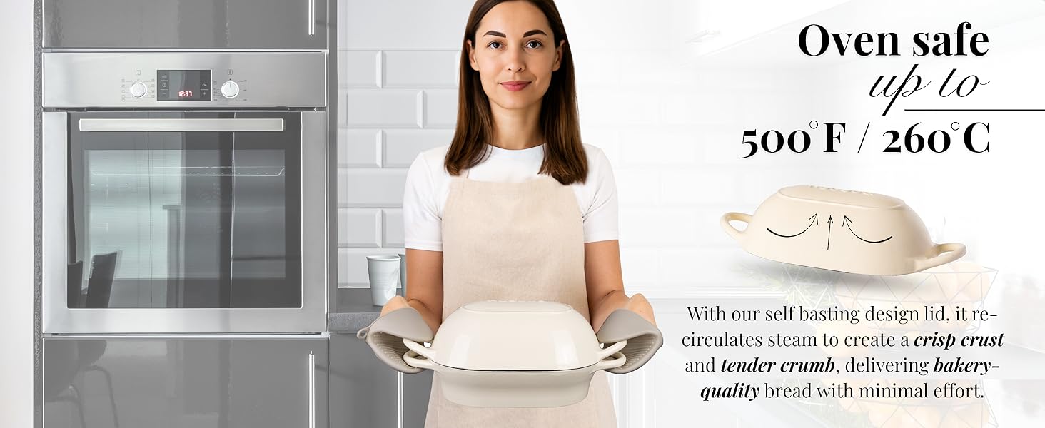 Text reads 'Oven safe' and '500°F/260°C'. Ceramic cookware collection featuring white bowls and serving dishes in various sizes, shown in use and displayed against white background.