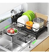Expandable Over Sink Dish Drying Rack (12.6"-20.5"), Rustproof Metal Dish Drainer with Auto-Drain...