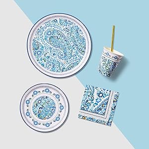 blue and white party supplies