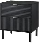 Sango Merk 2-Drawer Nightstand, Modern Black Bedside Table with Cylindrical Wood Legs, Vertical &...