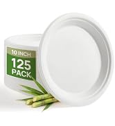 Goodluck 10 Inch White Compostable Sugarcane Paper Plates 125 Pack | 100% FSC Certified Heavy Dut...