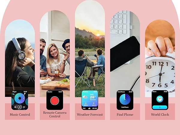 Five app icons on pink background labeled: 'Photo Cutter', 'Music Control', 'Weather Forecast', 'Call Phone', 'Smart Clock'. Each icon displays distinct functionality with representative imagery.