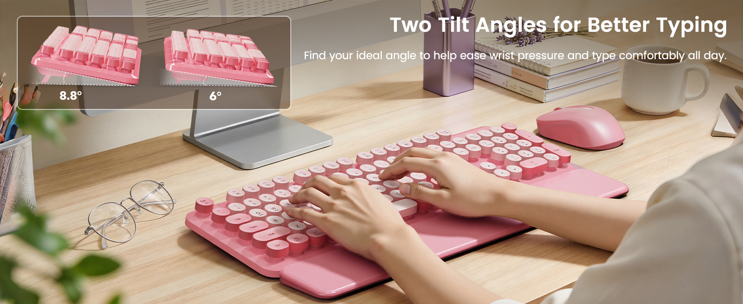 Two adjustable tilt angles (6° and 8.8°) help reduce wrist strain and improve typing comfort.