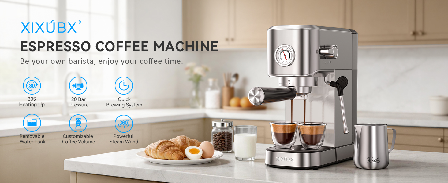 XIXUBX Espresso Machine 20 Bar 30s heating removable tank steam wand custom volume