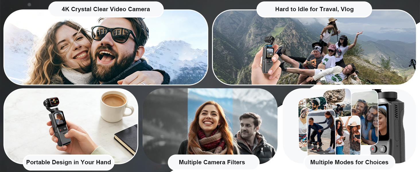 4K crystal clear video camera, portable design in your hand, multiple camera filters