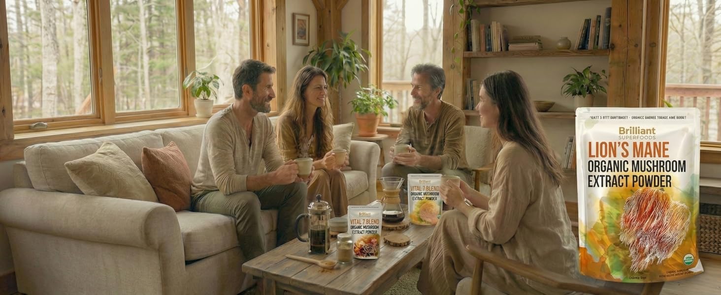 Friends enjoy Elllie's Best Organic Lion's Mane Mushroom Extract in their home made mushroom coffee