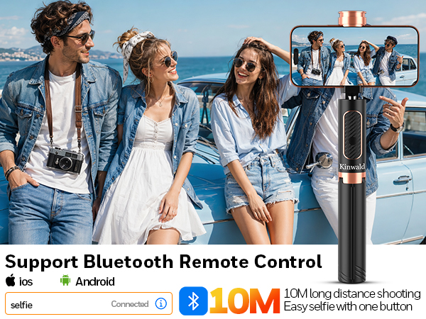 Selfie stick with Bluetooth remote control for group photos and hands-free shooting up to 10m