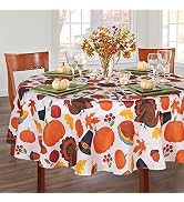 LUSHVIDA Fall Tablecloth Round Tablecloth Pumpkin & Turkey 60 inch - Washable Wrinkle Resistant T...