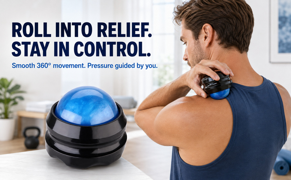 Blue manual massage roller used on a shoulder with product close-up