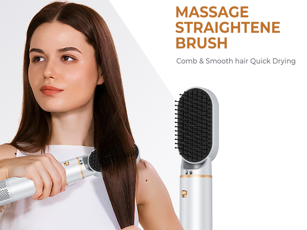 Massage straightening brush for hair. White and gold device with bristles, held by a person styling long brown hair. Text indicates quick drying feature.