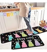 Happy Easter Bunny Decorative Kitchen Rugs Set of 2, Rabbit Kitchen Mat Easter Eggs Non-Slip Floo...