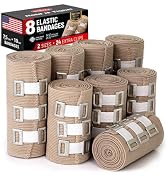 Package of 8 elastic bandages with American flag design on box. Multiple rolled tan bandages with fasteners displayed, showcasing different sizes and quantities.