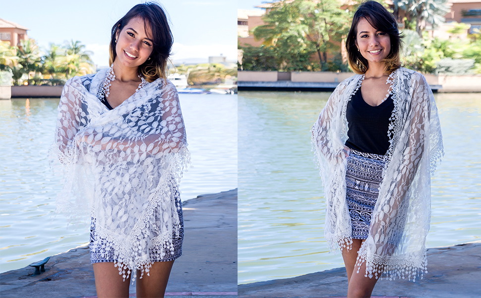 lace Scarf Wrap Shawl with a floral pattern and tassel