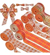 Whaline 8 Rolls 40 Yards Fall Thanksgiving Ribbons 2 & 1 Inch Orange Plaids Pumpkin Leaves Wired ...