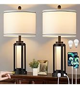 25" Modern Table Lamps Set of 2, Industrial Beside Lamps with USB A+C Charging Ports & AC Outlet,...