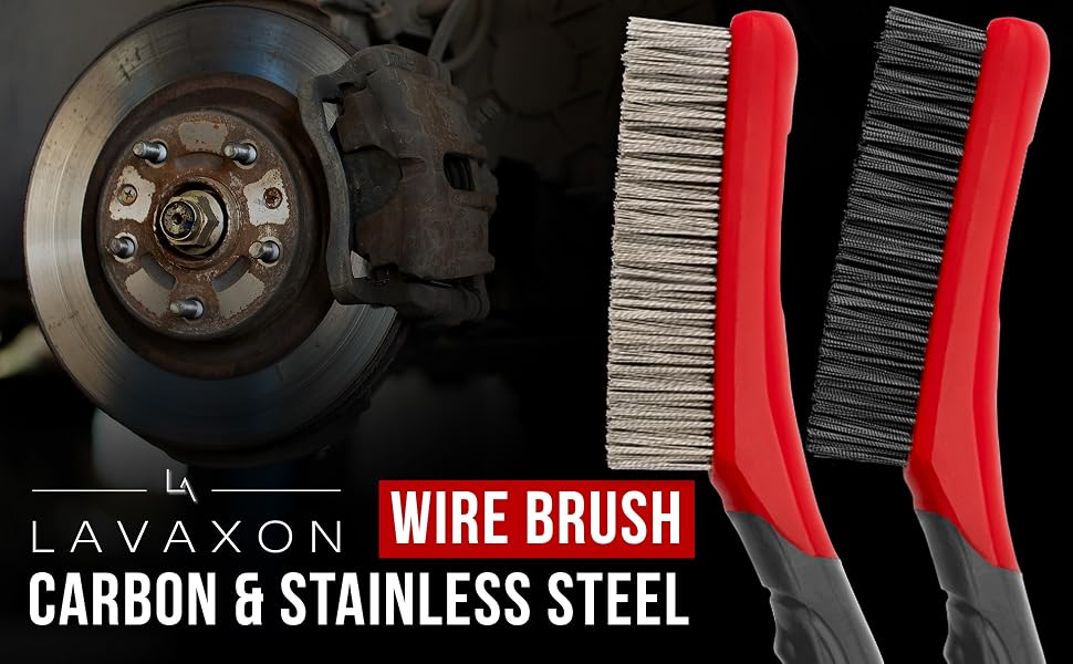 Big Plastic Handle wire brushes are shown. Stainless and Carbon Steel