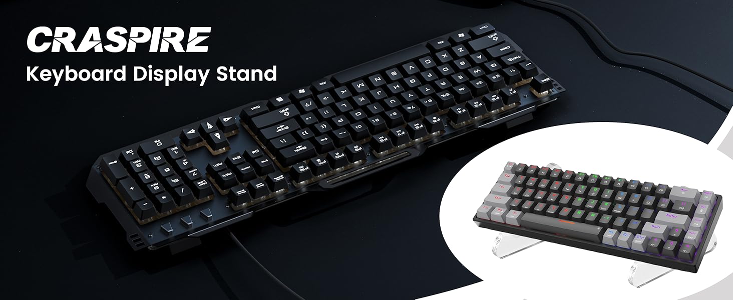 Craspire keyboard display stand showcasing a black mechanical keyboard. Two views: angled perspective and side profile demonstrating the stand's elevation.