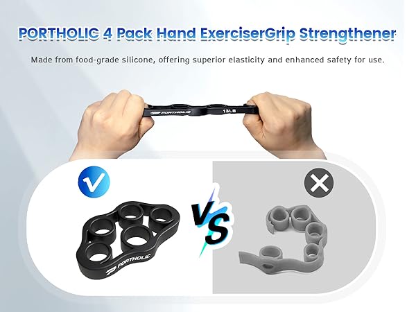 Hand exerciser grip strengthener with four resistance holes. Made of food-grade silicone for elasticity and safety. Shown in use and compared to a different design.