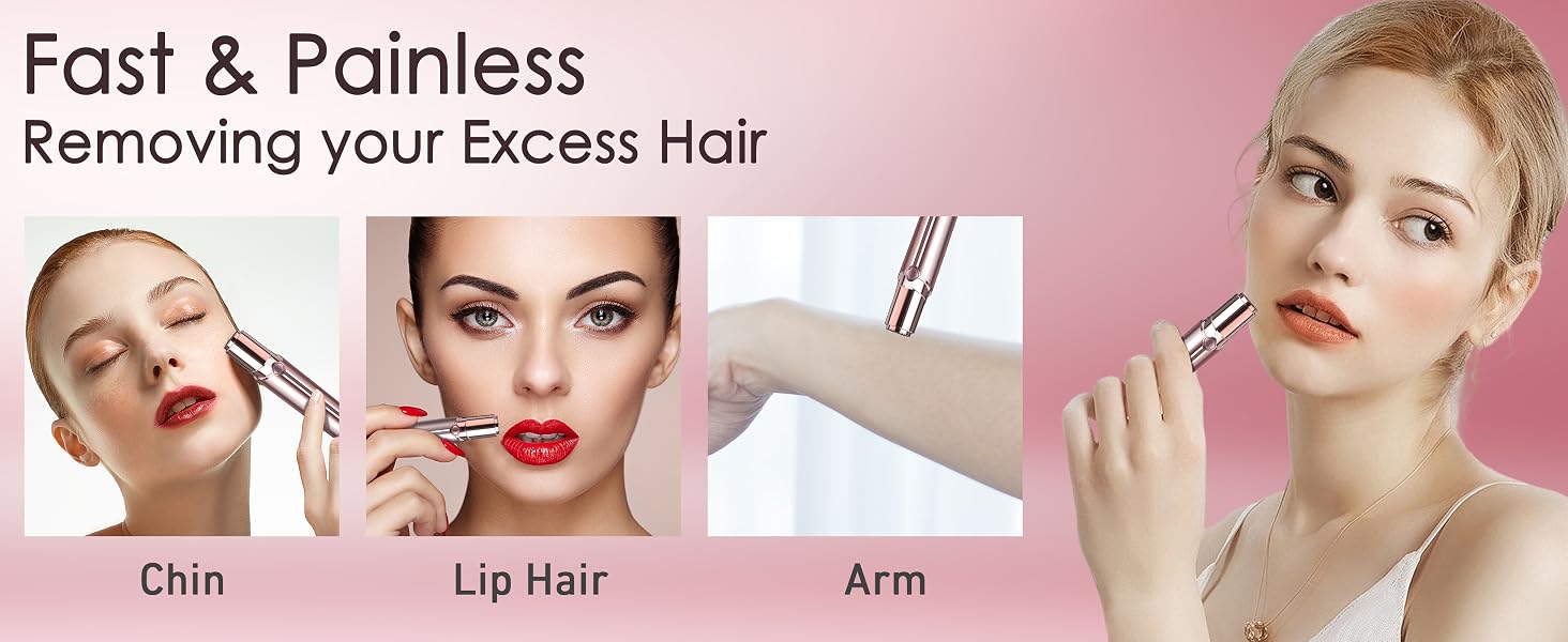 Promotional image showing hair removal tool usage on different body areas including chin, upper lip, and arm, with pink background and demonstration panels.