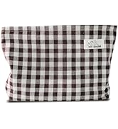 HAPPYHEIDI Brown Gingham Cotton Makeup Bag Cosmetic Travel Pouch Purse Organizer, Zipper Closure,...