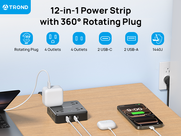 TROND 360° Rotating Flat Plug Power Strip