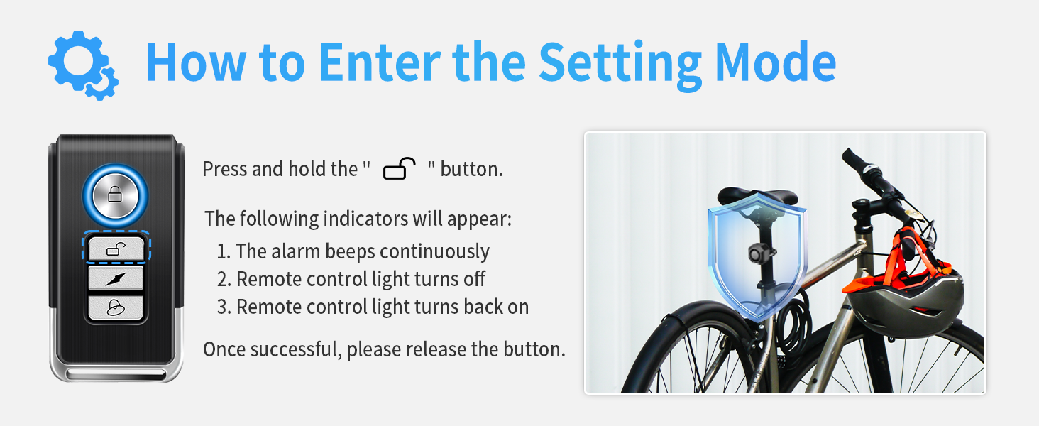 Text reads 'How to Enter the Setting Mode'. Technical diagram showing step-by-step instructions for device configuration with icons and arrows.