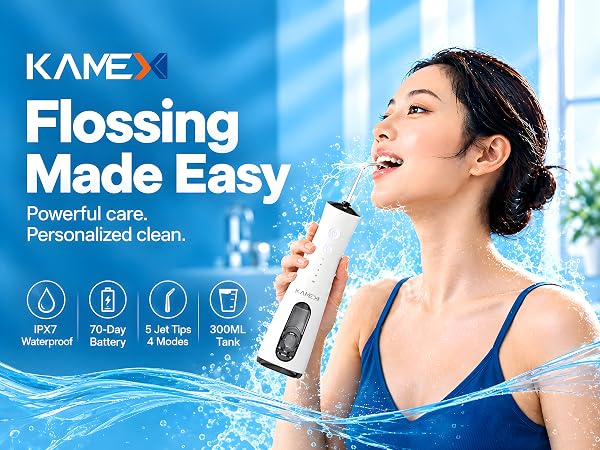 A woman smiles while using KAMEX Cordless Water Flosser featuring IPX7 waterproof rating.