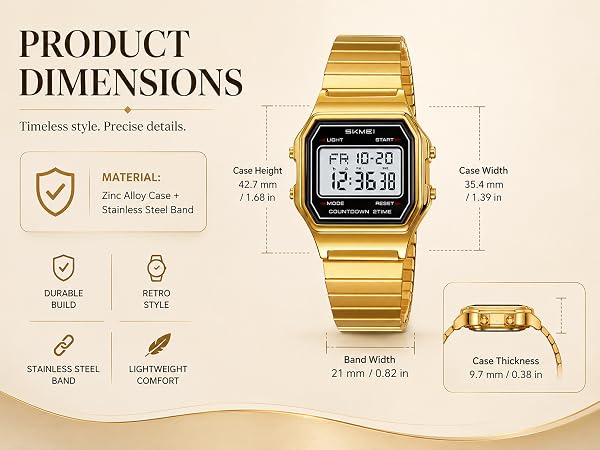 Gold watch dimension guide, 35.4mm case width, band width and thickness details