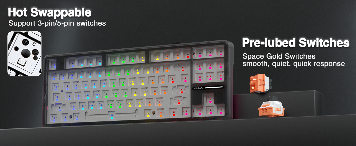 hot swappable mechanical custom keyboard creamy sound pre-lubed switches south-facing lighting