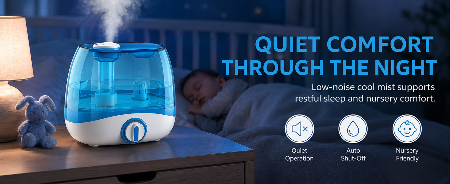 Quiet humidifier with cool mist beside bed for nighttime comfort