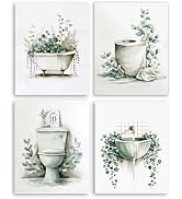 Frimeeme Unframed Green Botanical Bathroom Wall Art Decor,Boho Botanical Eucalyptus Watercolor Pr...