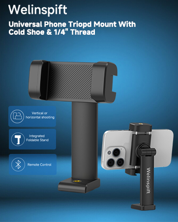 Phone Tripod Mount Holder with Cold Shoe & 1/4” Thread