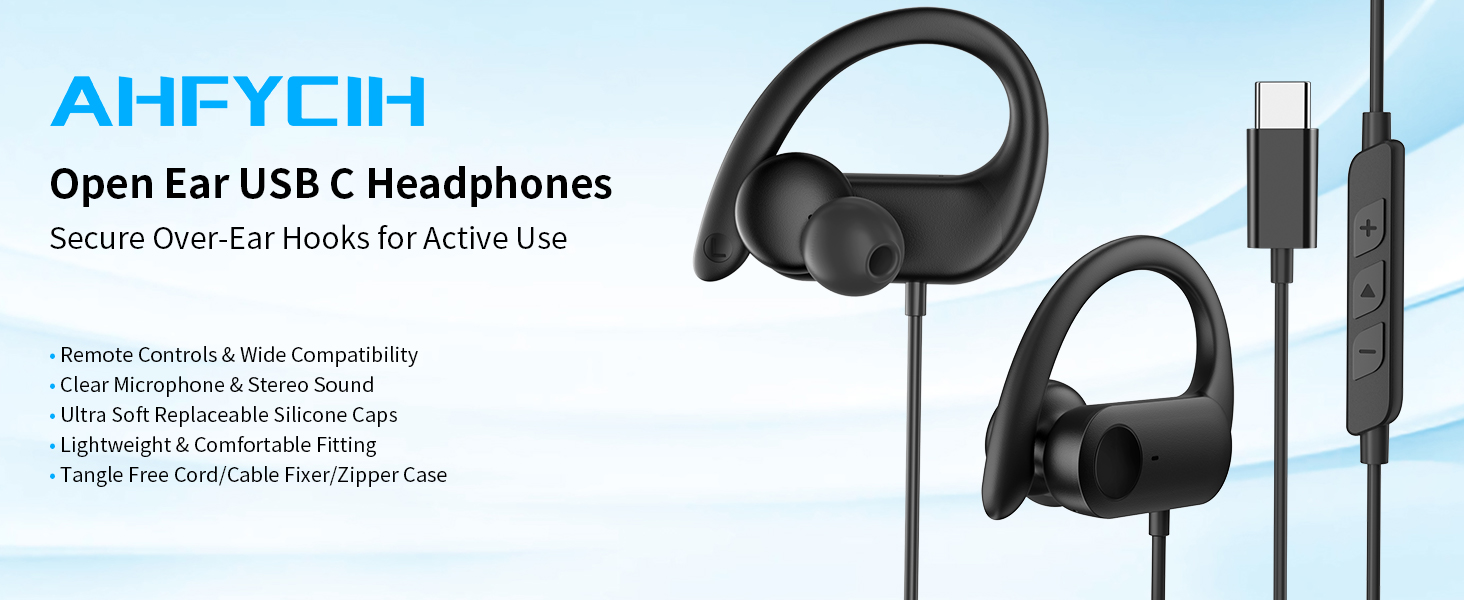USB C Headphones Over Ear Hook for iPhone 17e 17 Pro Max 16 15, Open Ear Wrap Around Wired Earbuds