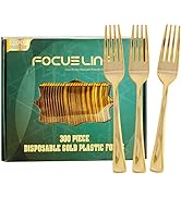 FOCUSLINE 300 Pack Disposable Gold Plastic Forks, Solid and Durable Plastic Cutlery Forks, Heavy ...
