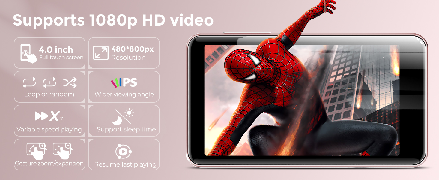 Text reads 'Supports 1080p HD video'. Mobile device interface showing video playback controls and HD quality indicator icons.