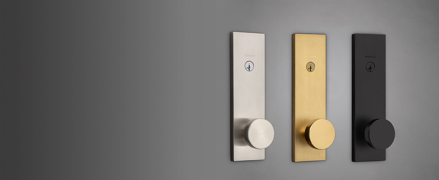 Pismo entry sets in satin nickel, satin brass, and matte black