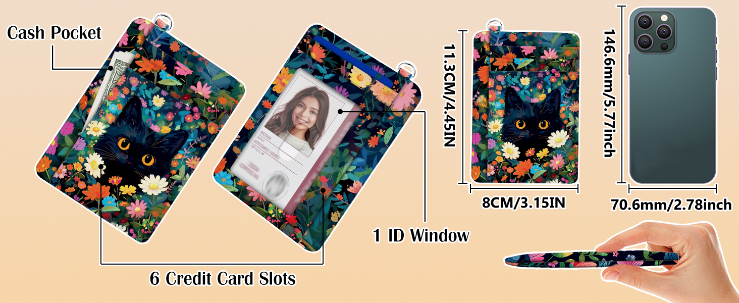 Colorful floral wallet with black cat design. Features cash pocket, 6 credit card slots, ID window. Dimensions: 11.94x7.48cm. Shown next to smartphone for size comparison.