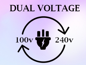 Dual voltage icon showing a circular arrow with electric plug symbol. Text indicates compatibility with both 100v and 240v power sources.