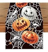 Black Pumpkins Spider Web Leaves Halloween Table Runner, Seasonal Fall Kitchen Dining Table Decor...