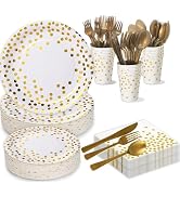 Paper Plates and Napkins Party Supplies - 175pcs White and Gold Polka Dots Disposable Party Plate...