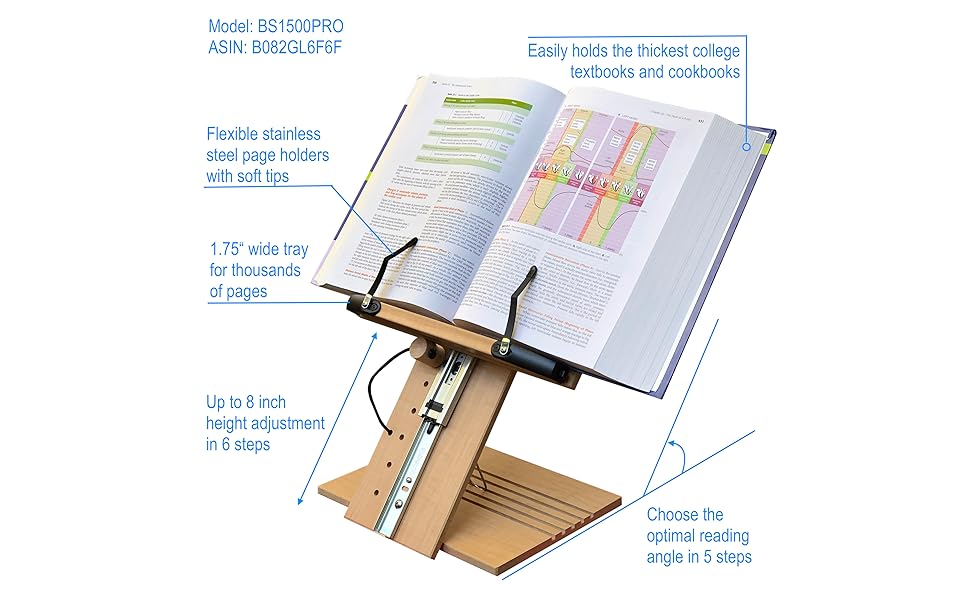 BS1500PRO Large Book Stand Adjustable height bookstands holder for textbooks reading cookbooks