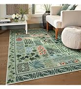 Zealude Floral Green 5x7 Botanical Washable Area Rug for Living Room, Boho Flower Bedroom Dining ...
