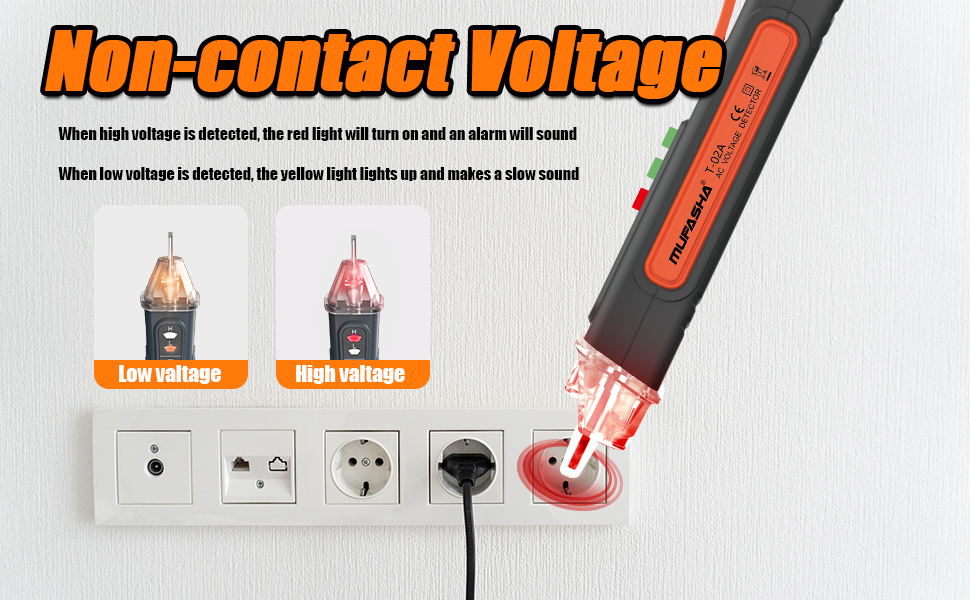 Text reads 'Non-contact Voltage'. Illustration showing voltage detector with electrical outlets and figures demonstrating usage.