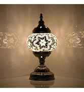 GOGERS Turkish Moroccan Table Lamp Lantern with Handmade Mosaic Glass Lampshade Tiffany Style Boh...