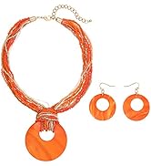 Coiris Multi Strand Statement Colorful Beaded Necklace with Big Circle Shell Pendant for Women