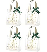 Liobelon 4 Pieces Christmas Clear Gift Bags with Handle Reusable Plastic Small Gift Bags Party Fa...